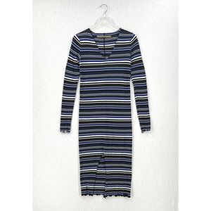 ENZA COSTA Dress Womens Medium Black Blue White Striped Long Sleeve V-neck Midi